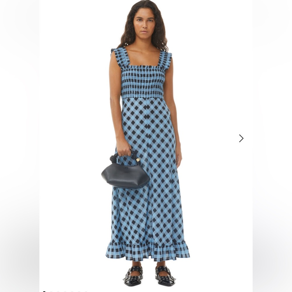 NWT GANNI checkered silk long strap dress